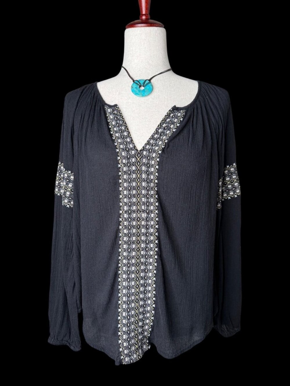 Lucky Brand Blk Embroidered Peasant Blouse Tunic M Gauzy Whimsigoth Fairygrunge